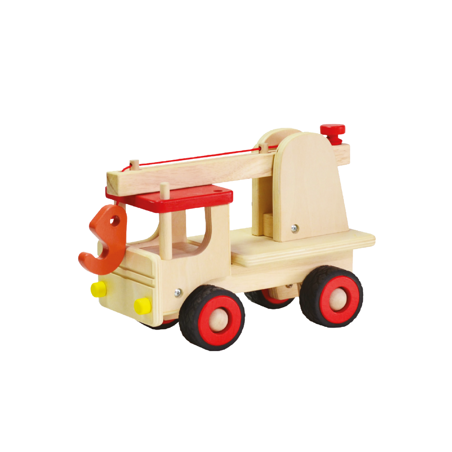 A wooden toy crane truck with red wheels and a cranking knob.