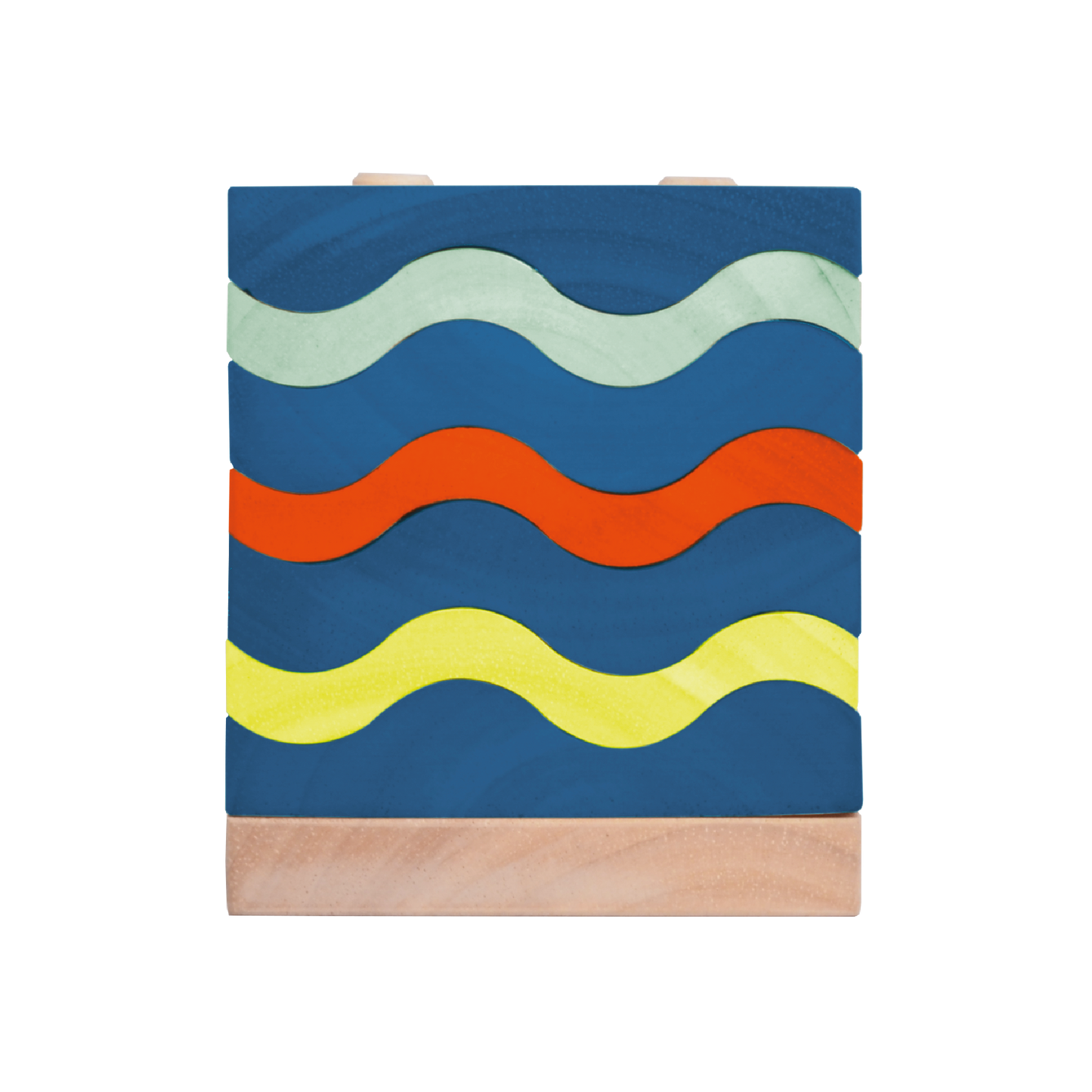 A toy construction set featuring a series of wavy blue and red rods on a natural wood base, designed to represent ocean waves.