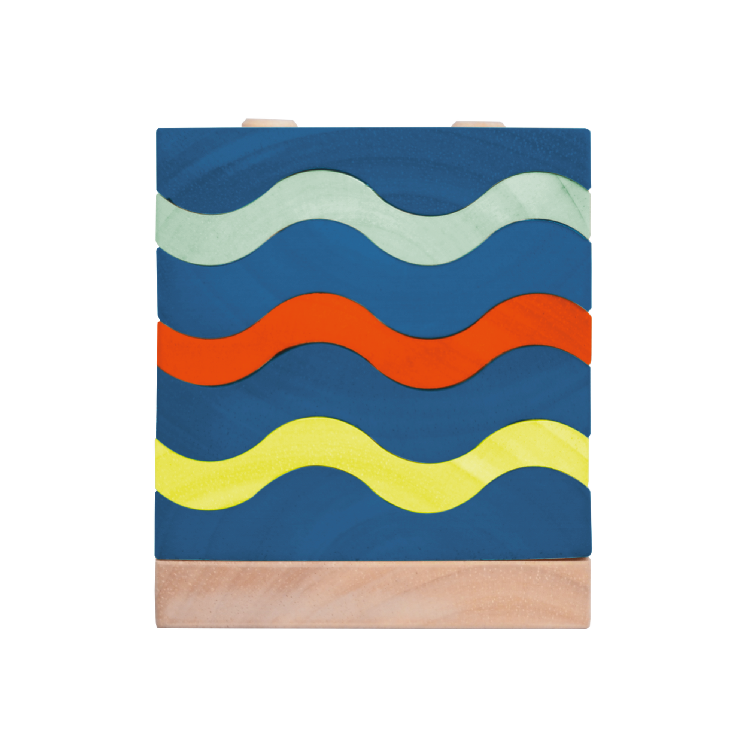 A toy construction set featuring a series of wavy blue and red rods on a natural wood base, designed to represent ocean waves.