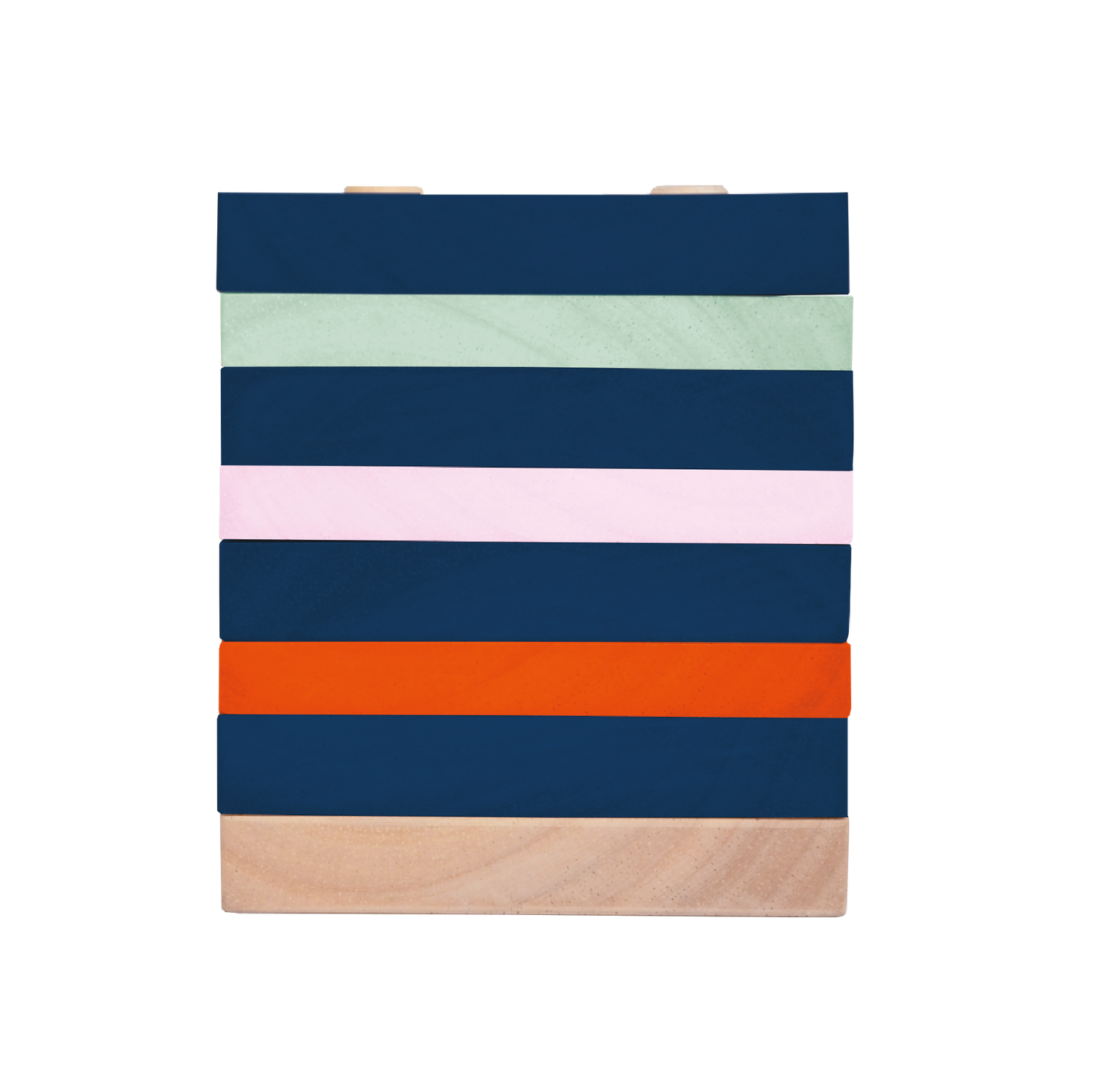 A colorful educational toy consisting of a series of horizontal stripes in various colors on a wooden surface.