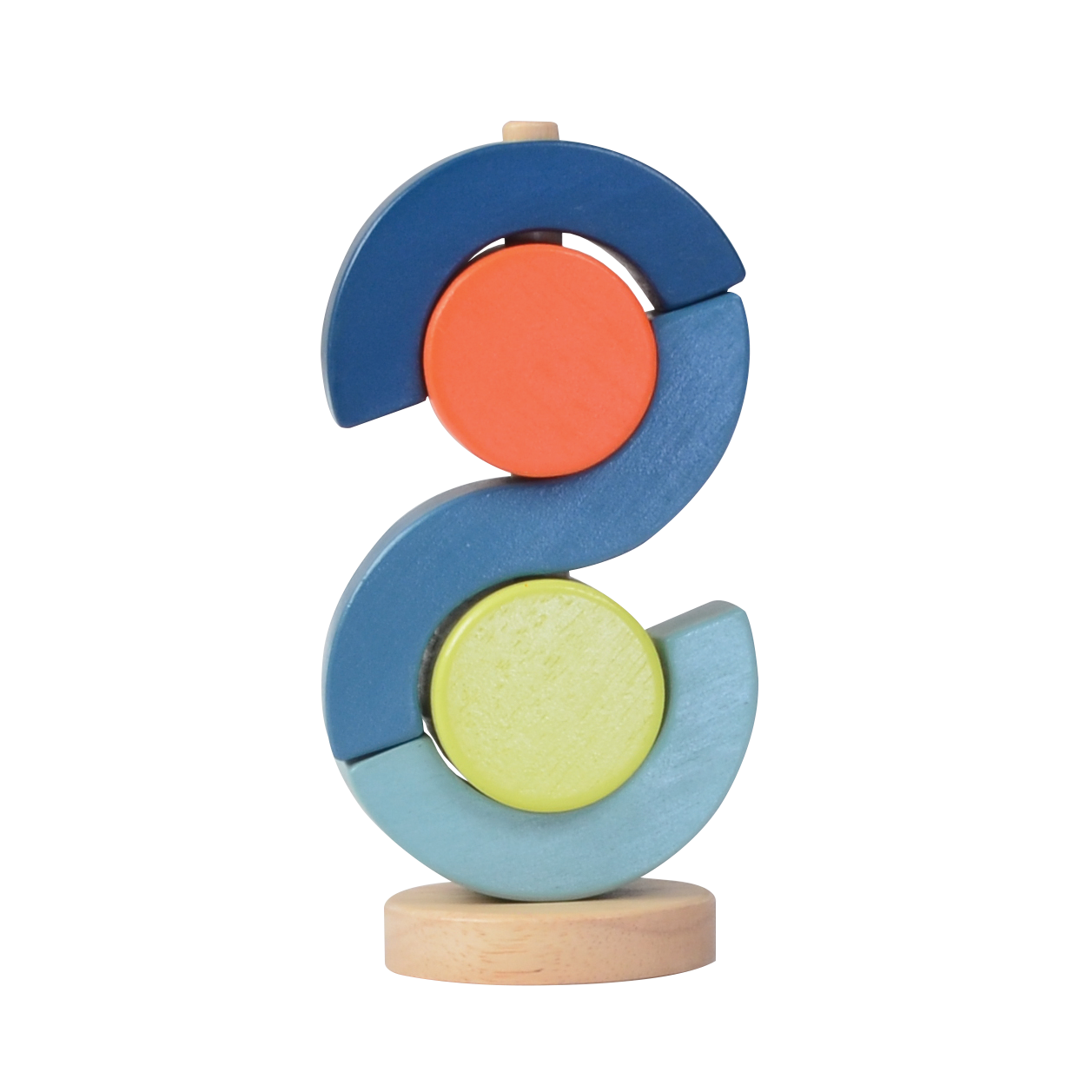A wooden block toy resembling a segmented circle with red, blue, and green pieces on a wooden base.