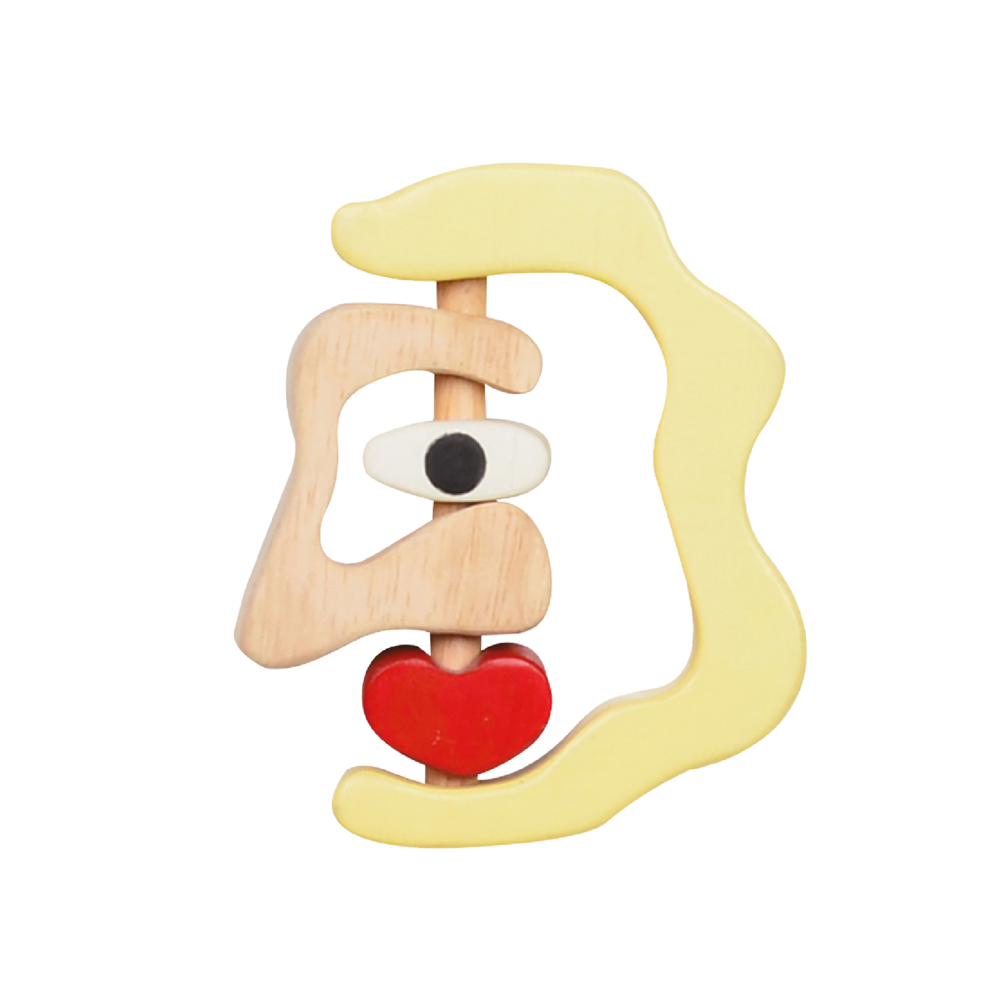 A wooden rattle in the shape of a stylized female face with a red heart detail.