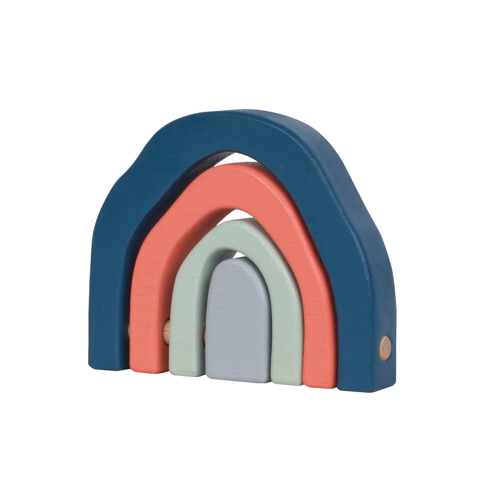 A wooden stacking toy in the shape of a rainbow, featuring four curved arches in soft blue, coral, mint, and light gray tones. Perfect for stacking, balancing, and open-ended play that enhances creativity and coordination.