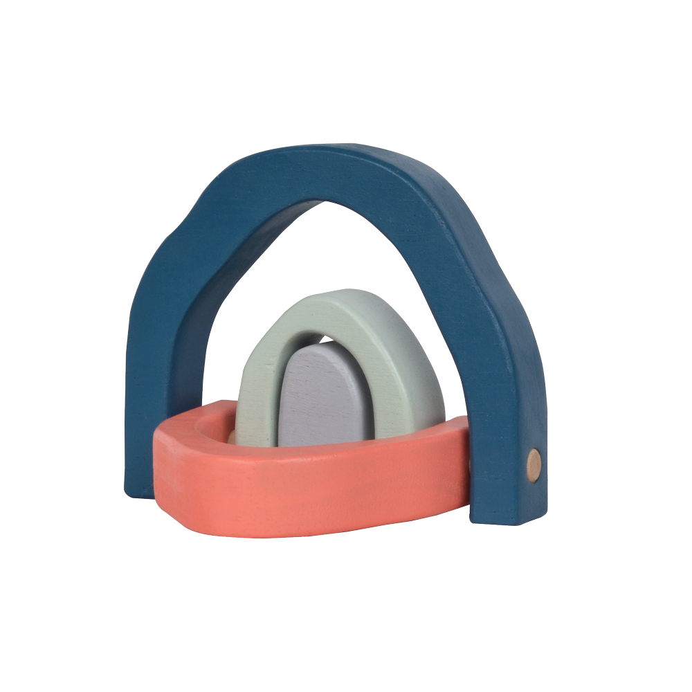 A wooden stacking toy in the shape of a rainbow, featuring four curved arches in soft blue, coral, mint, and light gray tones. Perfect for stacking, balancing, and open-ended play that enhances creativity and coordination.