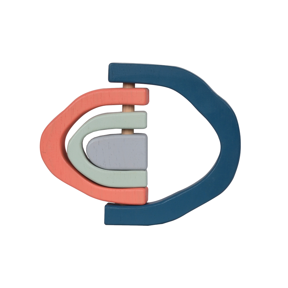 A wooden stacking toy in the shape of a rainbow, featuring four curved arches in soft blue, coral, mint, and light gray tones. Perfect for stacking, balancing, and open-ended play that enhances creativity and coordination.