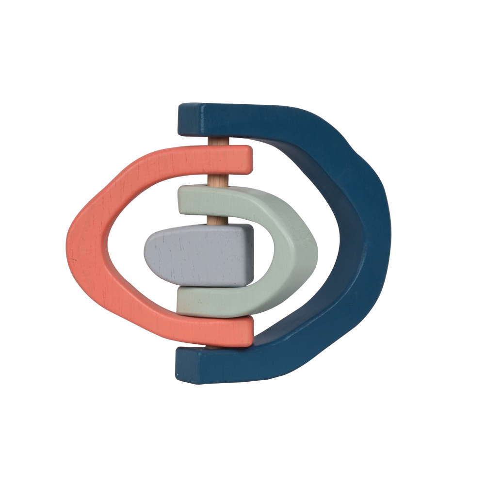 A wooden stacking toy in the shape of a rainbow, featuring four curved arches in soft blue, coral, mint, and light gray tones. Perfect for stacking, balancing, and open-ended play that enhances creativity and coordination.