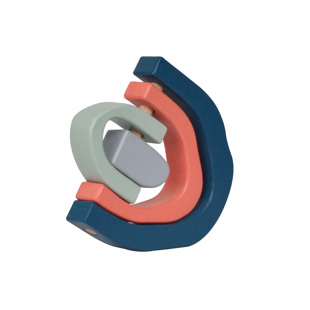 A wooden stacking toy in the shape of a rainbow, featuring four curved arches in soft blue, coral, mint, and light gray tones. Perfect for stacking, balancing, and open-ended play that enhances creativity and coordination.