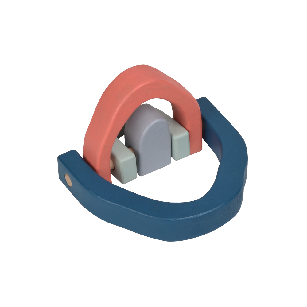 A wooden stacking toy in the shape of a rainbow, featuring four curved arches in soft blue, coral, mint, and light gray tones. Perfect for stacking, balancing, and open-ended play that enhances creativity and coordination.