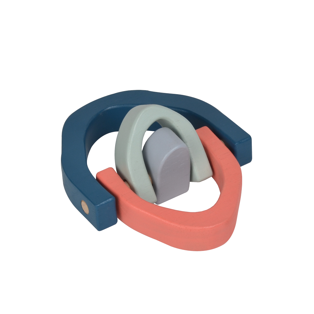 A wooden stacking toy in the shape of a rainbow, featuring four curved arches in soft blue, coral, mint, and light gray tones. Perfect for stacking, balancing, and open-ended play that enhances creativity and coordination.