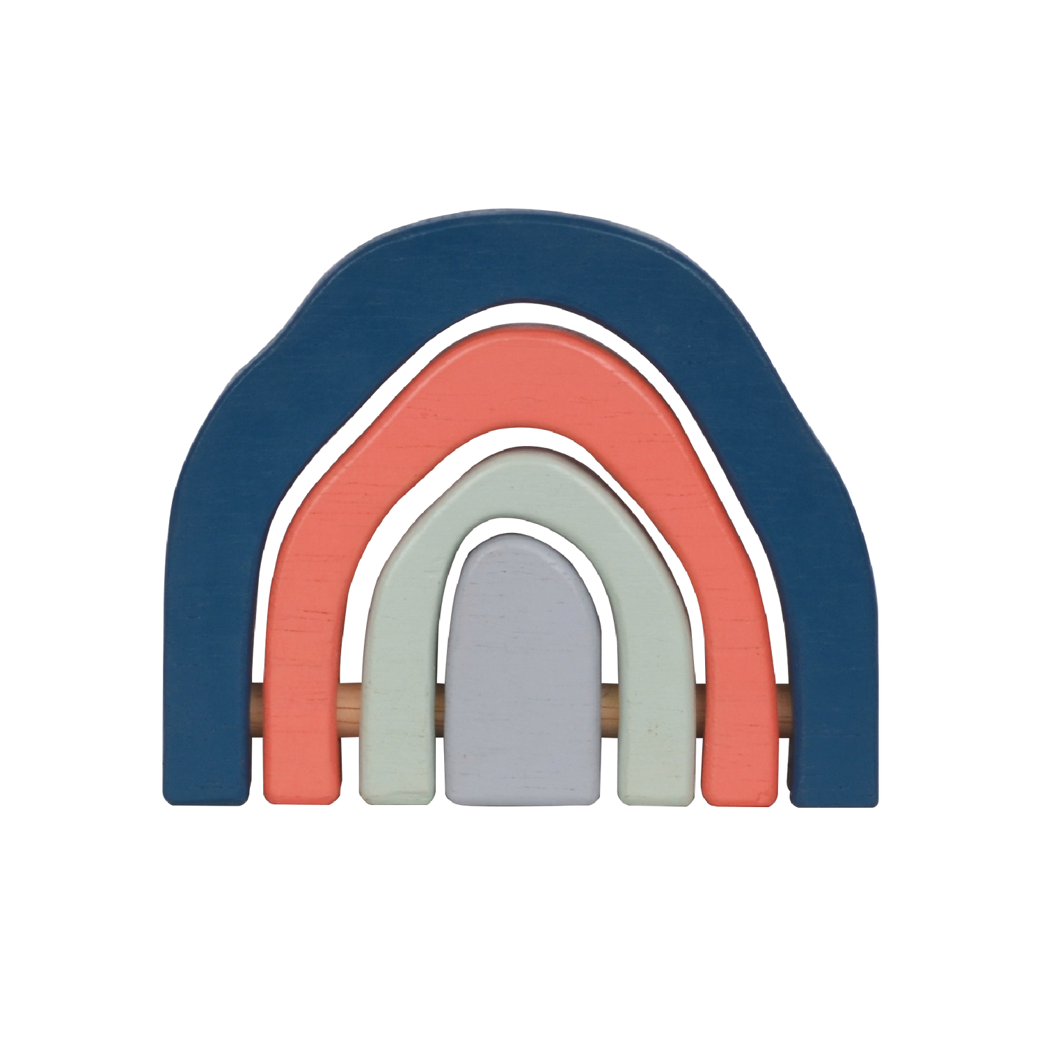 A wooden stacking toy in the shape of a rainbow, featuring four curved arches in soft blue, coral, mint, and light gray tones. Perfect for stacking, balancing, and open-ended play that enhances creativity and coordination.