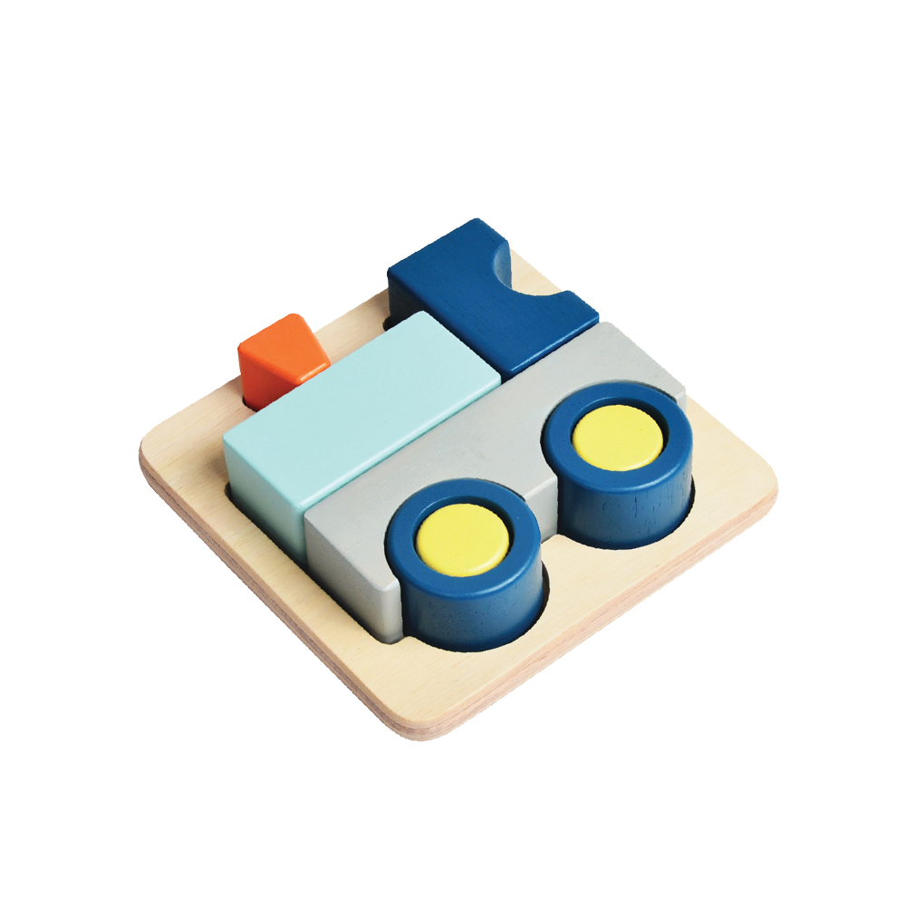 A colorful wooden train tray puzzle with large block pieces in blue, red, and yellow.