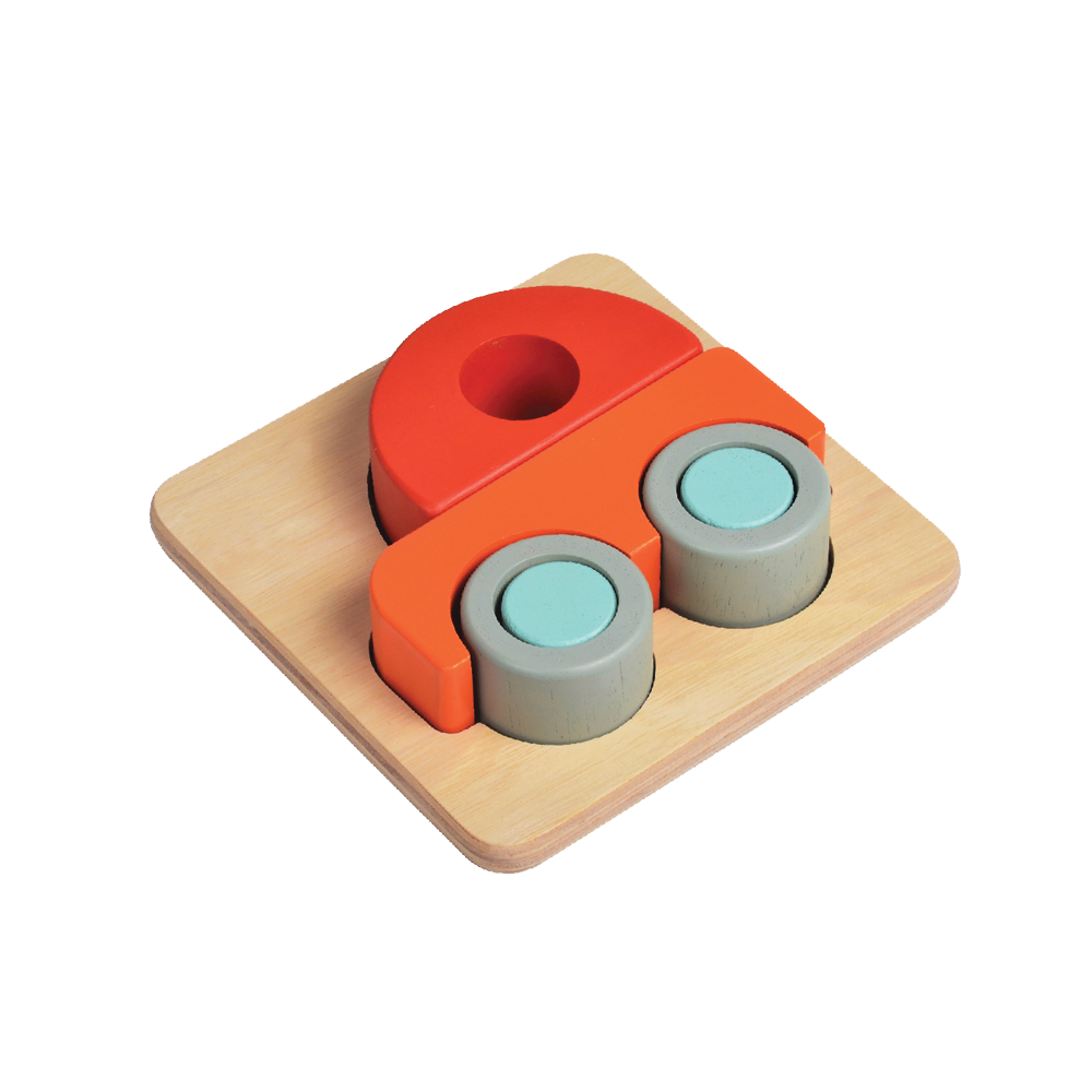A wooden car tray puzzle with large block pieces in red, blue, and orange colors designed for young children.