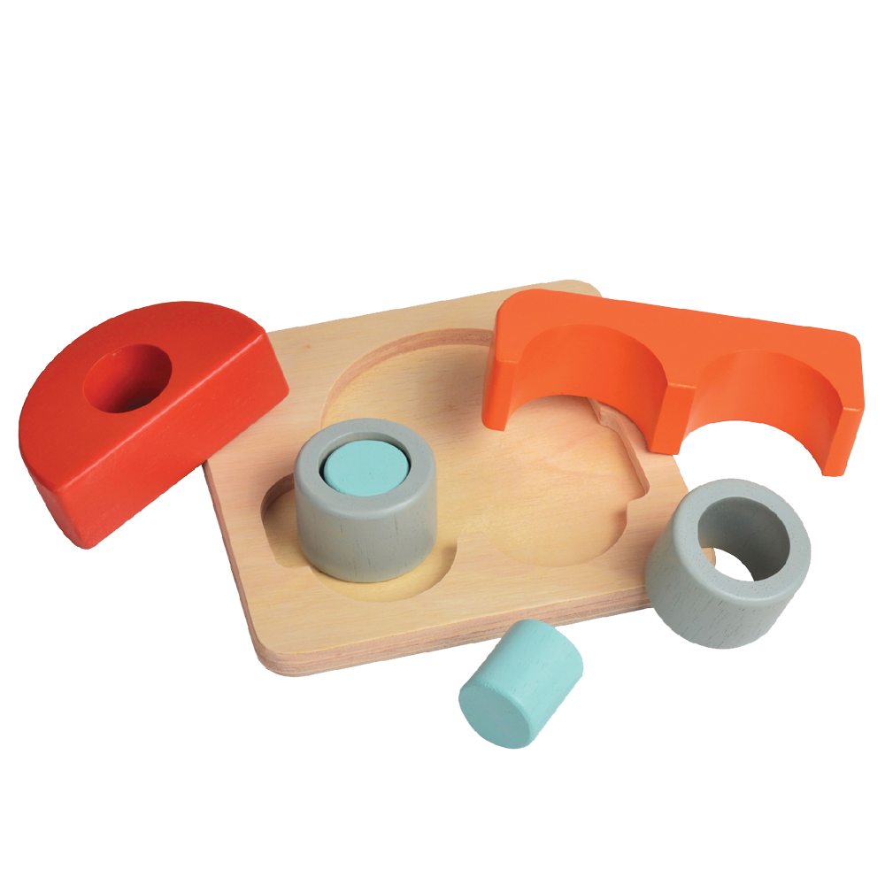 A wooden car tray puzzle with large block pieces in red, blue, and orange colors designed for young children.