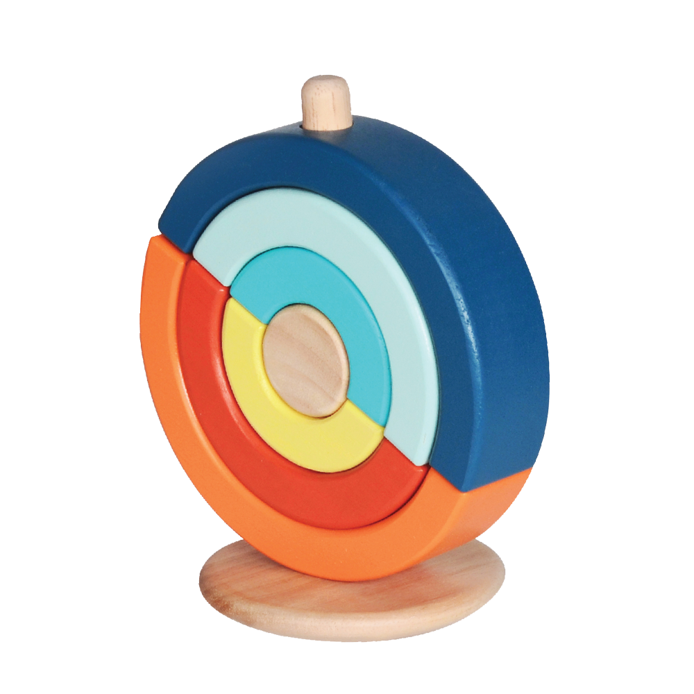 Wooden stacking toy with graduated half-circle pieces to place on a rod. Encourages recognition of size and balance, fine motor skill development, and turn-taking play.