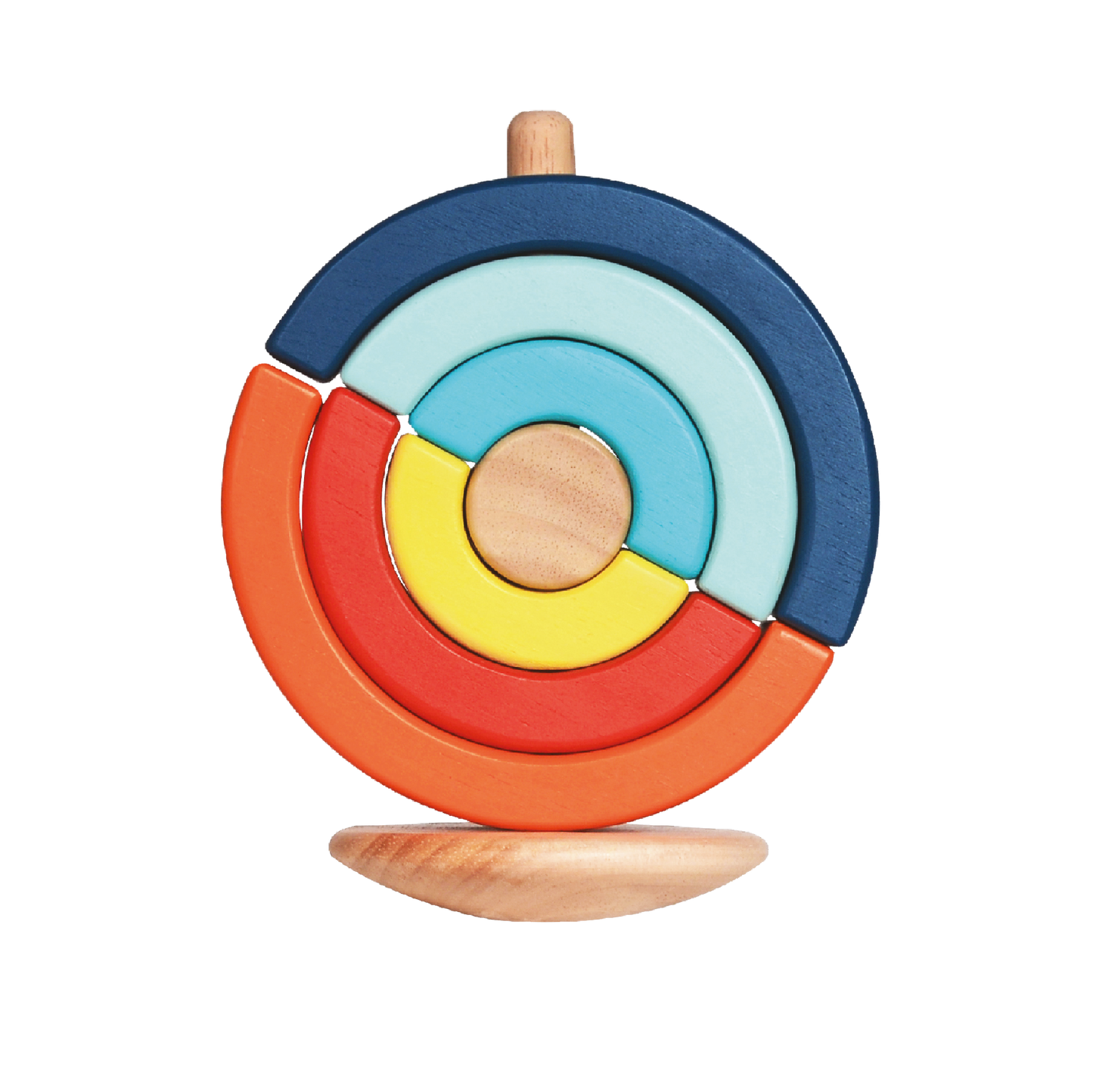 Wooden stacking toy with graduated half-circle pieces to place on a rod. Encourages recognition of size and balance, fine motor skill development, and turn-taking play.