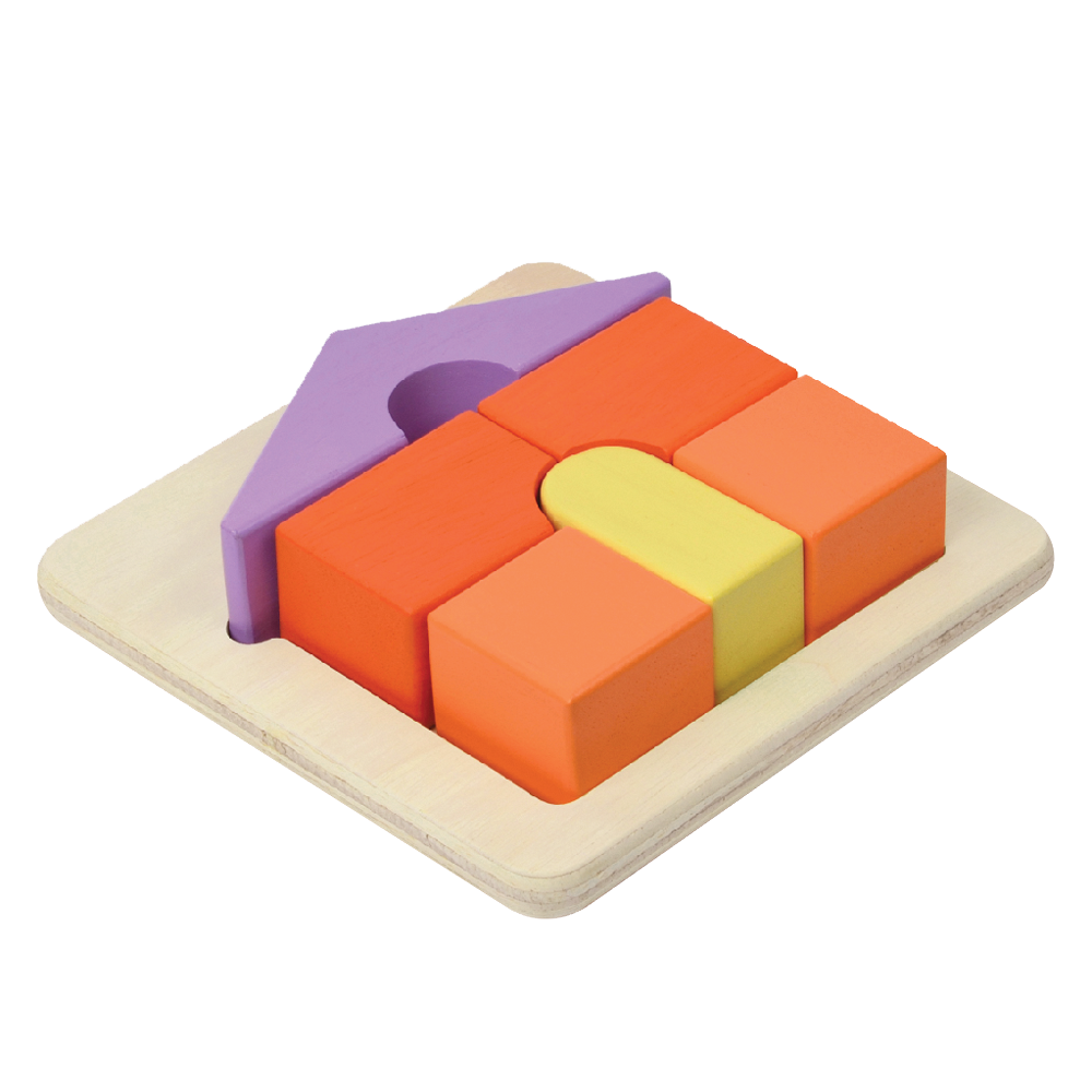 A wooden house tray puzzle with large block pieces in orange, purple, and yellow, designed for young children.