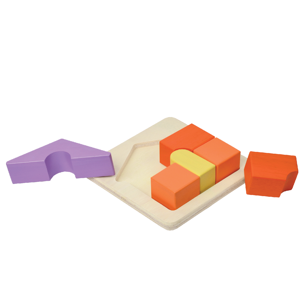 A wooden house tray puzzle with large block pieces in orange, purple, and yellow, designed for young children.