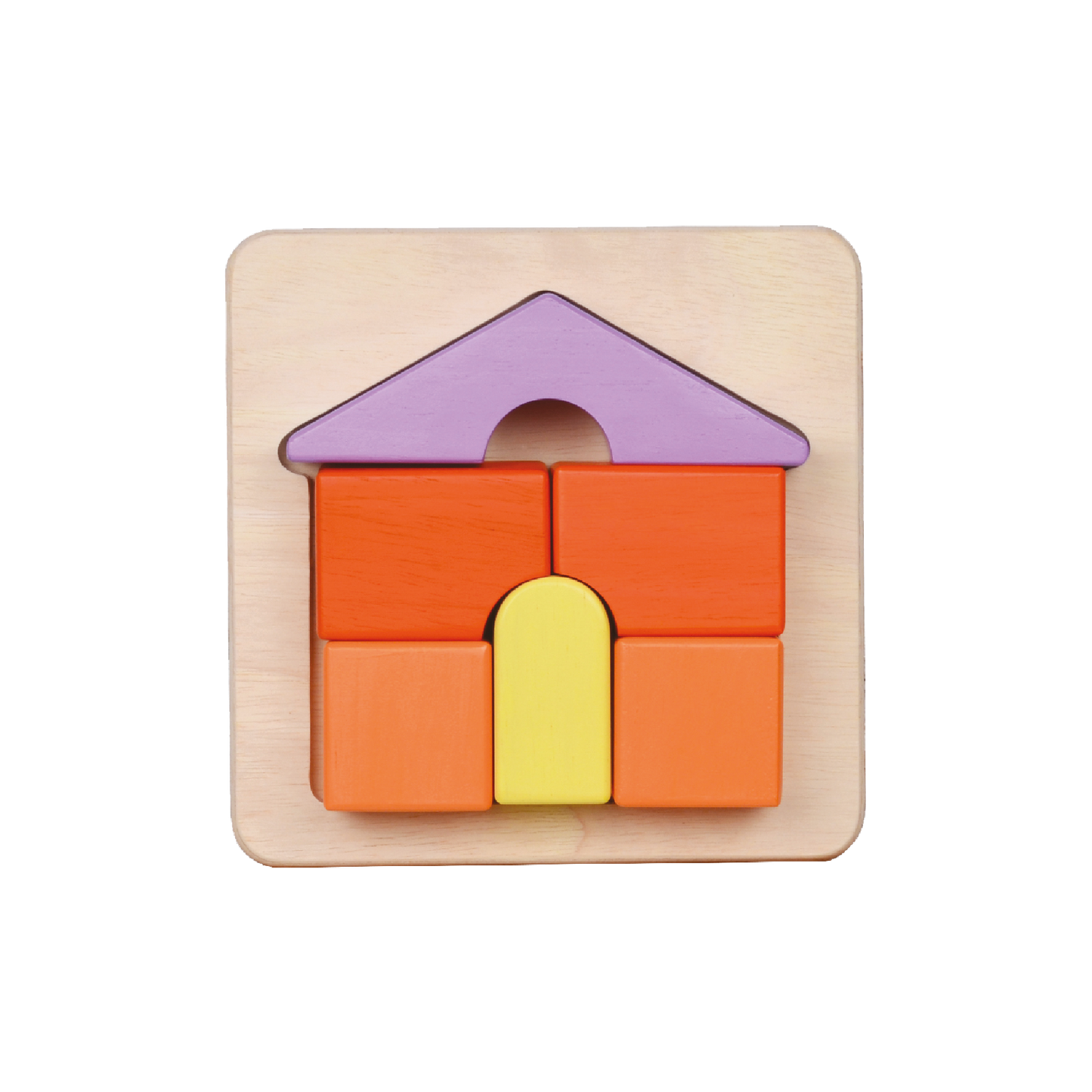 A wooden house tray puzzle with large block pieces in orange, purple, and yellow, designed for young children.