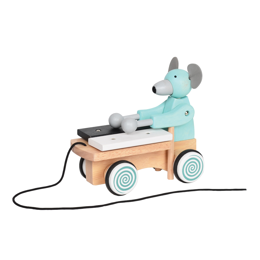 A plush toy xylophone in the shape of a mouse with a blue body, black and white accents, and a wooden xylophone cart with spinning wheels.