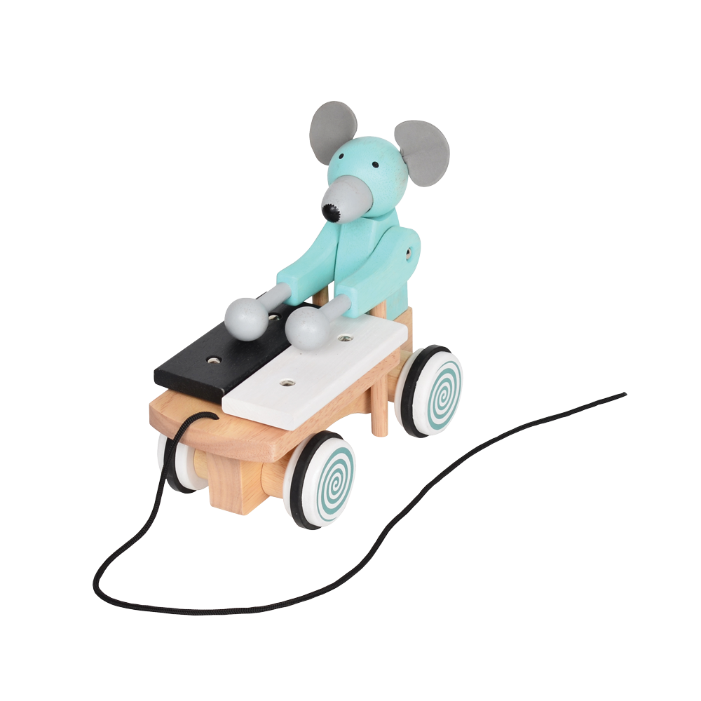 A plush toy xylophone in the shape of a mouse with a blue body, black and white accents, and a wooden xylophone cart with spinning wheels.