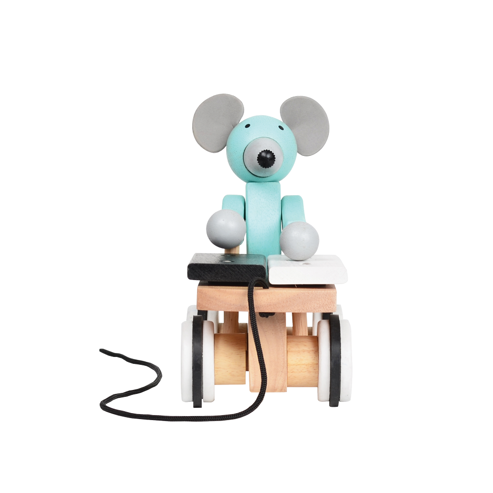 A plush toy xylophone in the shape of a mouse with a blue body, black and white accents, and a wooden xylophone cart with spinning wheels.
