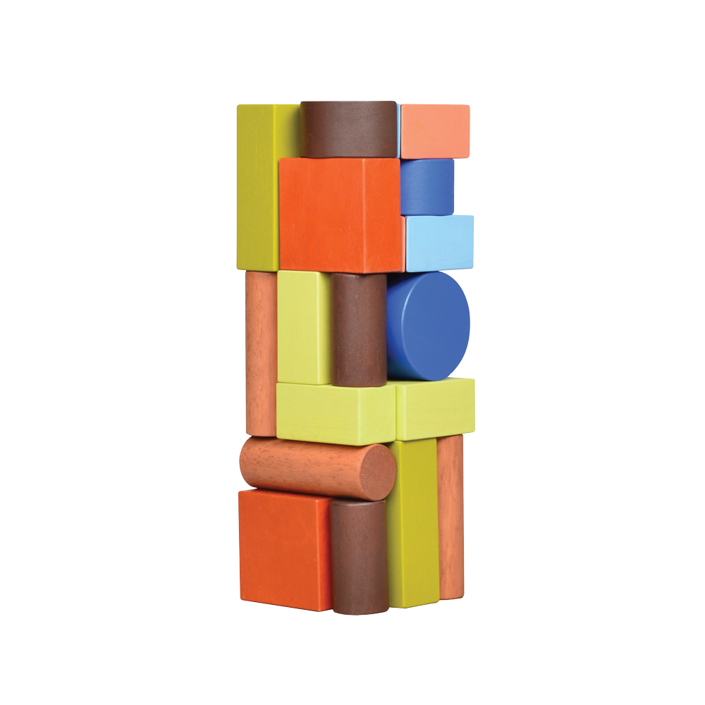 A colorful wooden block tower with various shapes including cubes, triangles, and cylinders.
