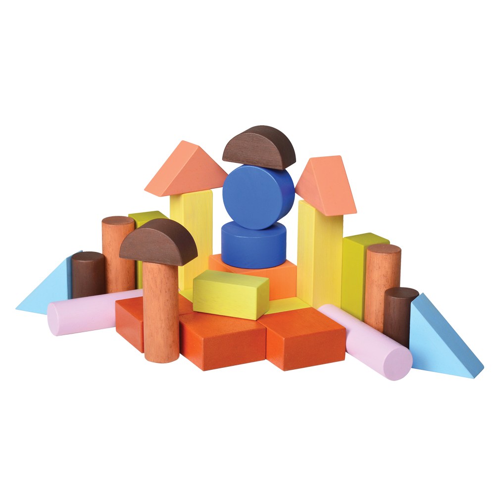 A colorful wooden block tower with various shapes including cubes, triangles, and cylinders.