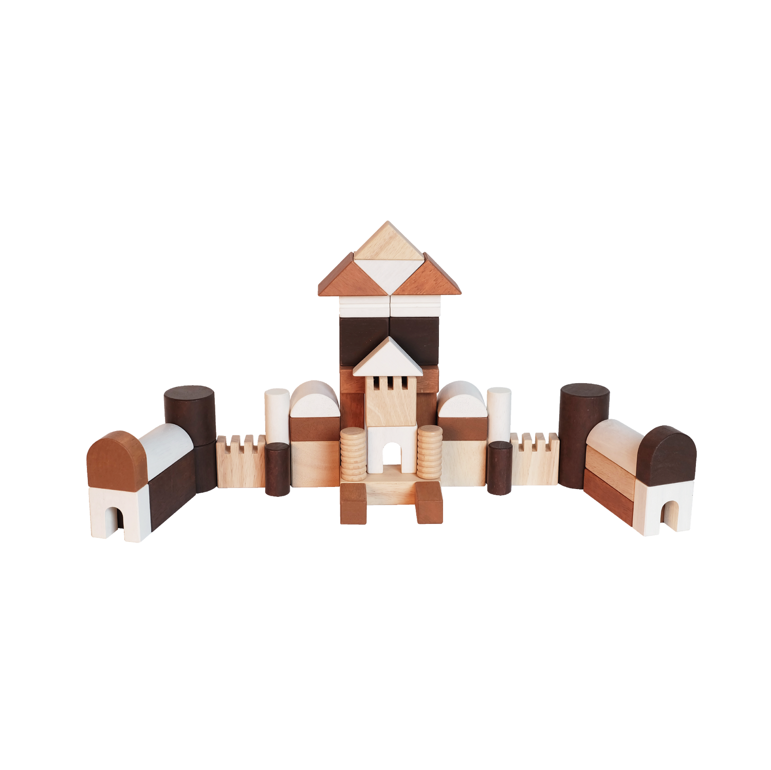 A variety of wooden blocks in different shapes including cubes and cylinders, arranged to form a larger cube-shaped structure.