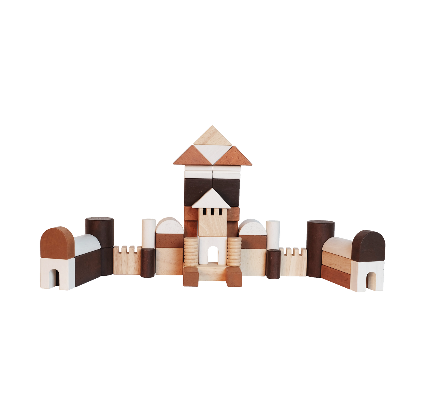 A variety of wooden blocks in different shapes including cubes and cylinders, arranged to form a larger cube-shaped structure.