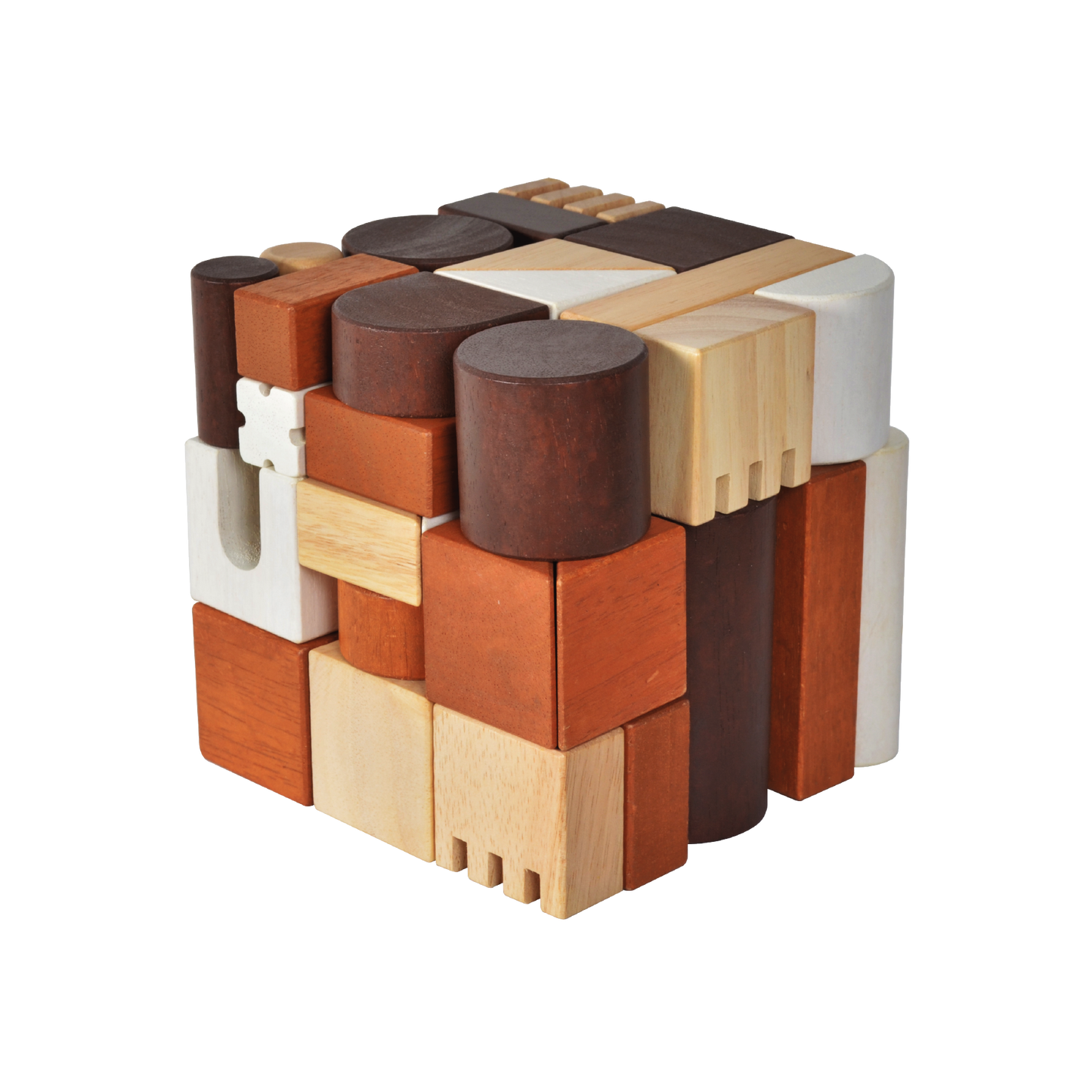 Natural wood unit blocks in cubes, triangles, half-cylinders, columns, and half-circles. Encourages spatial thinking, creativity, and open-ended play.