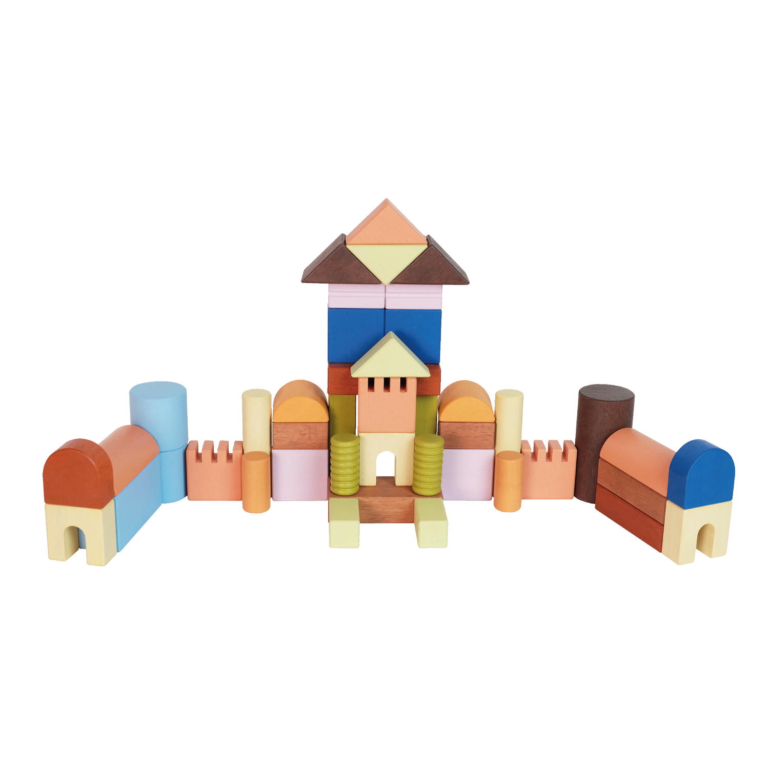 Natural wood unit blocks in cubes, triangles, half-cylinders, columns, and half-circles. Encourages spatial thinking, creativity, and open-ended play.