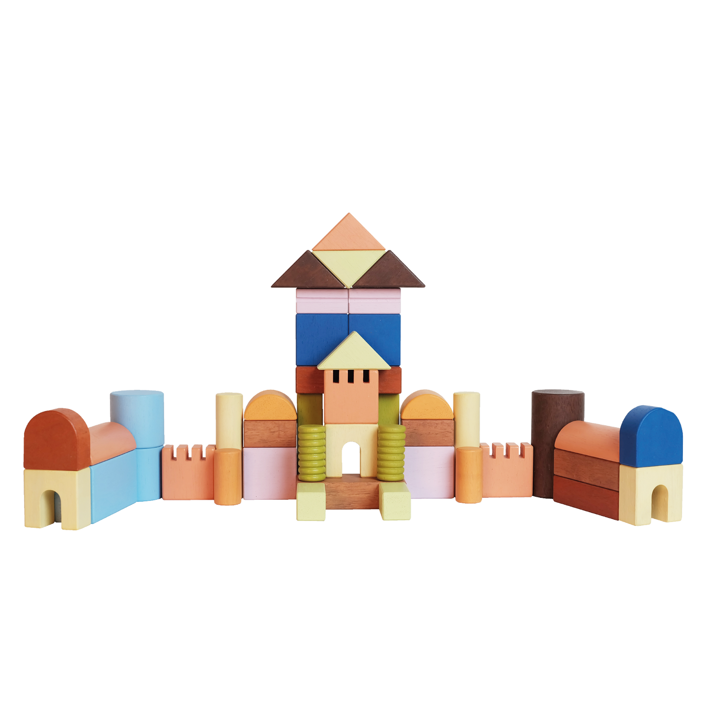 Natural wood unit blocks in cubes, triangles, half-cylinders, columns, and half-circles. Encourages spatial thinking, creativity, and open-ended play.