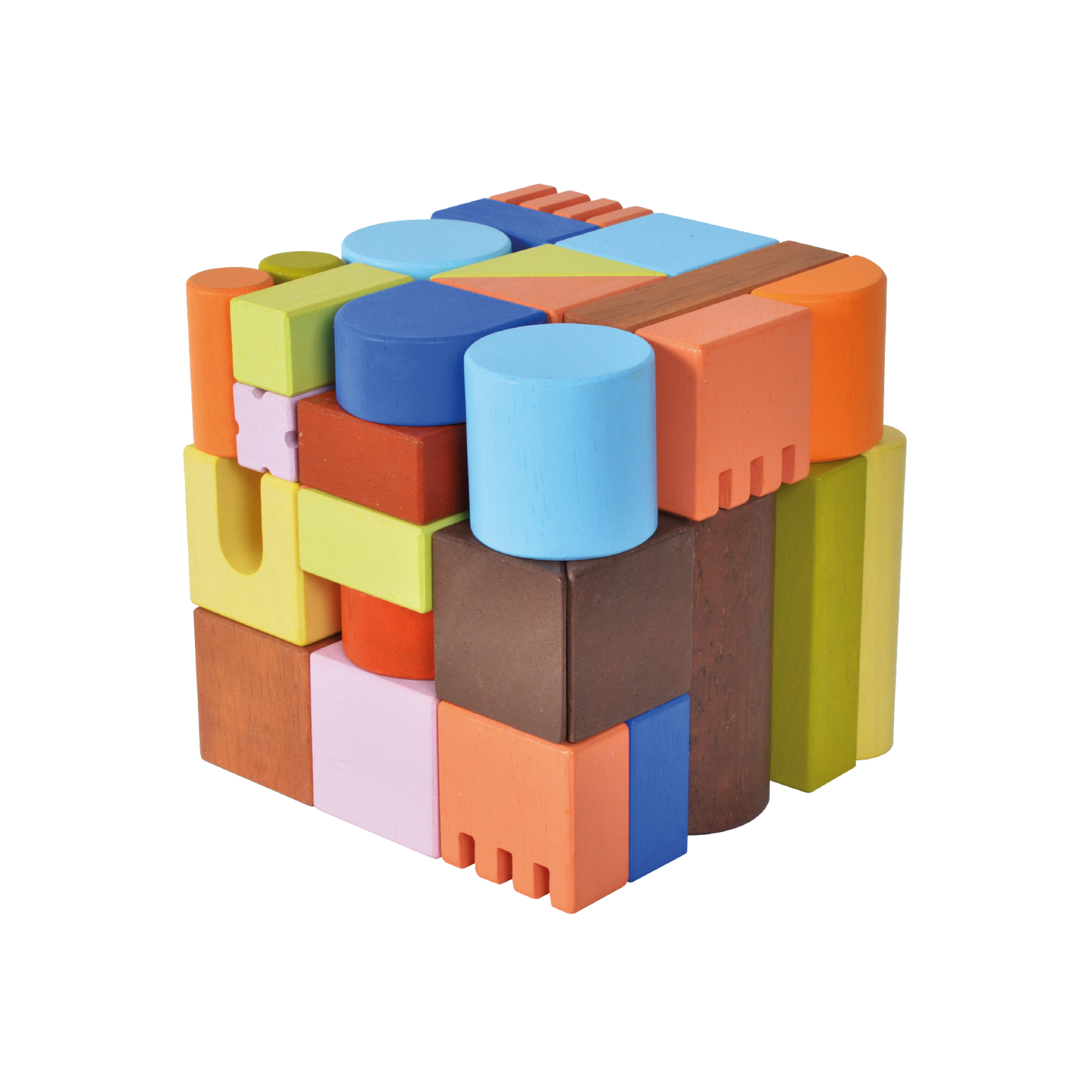 A variety of wooden blocks in different shapes including cubes and cylinders, arranged to form a larger cube-shaped structure.
