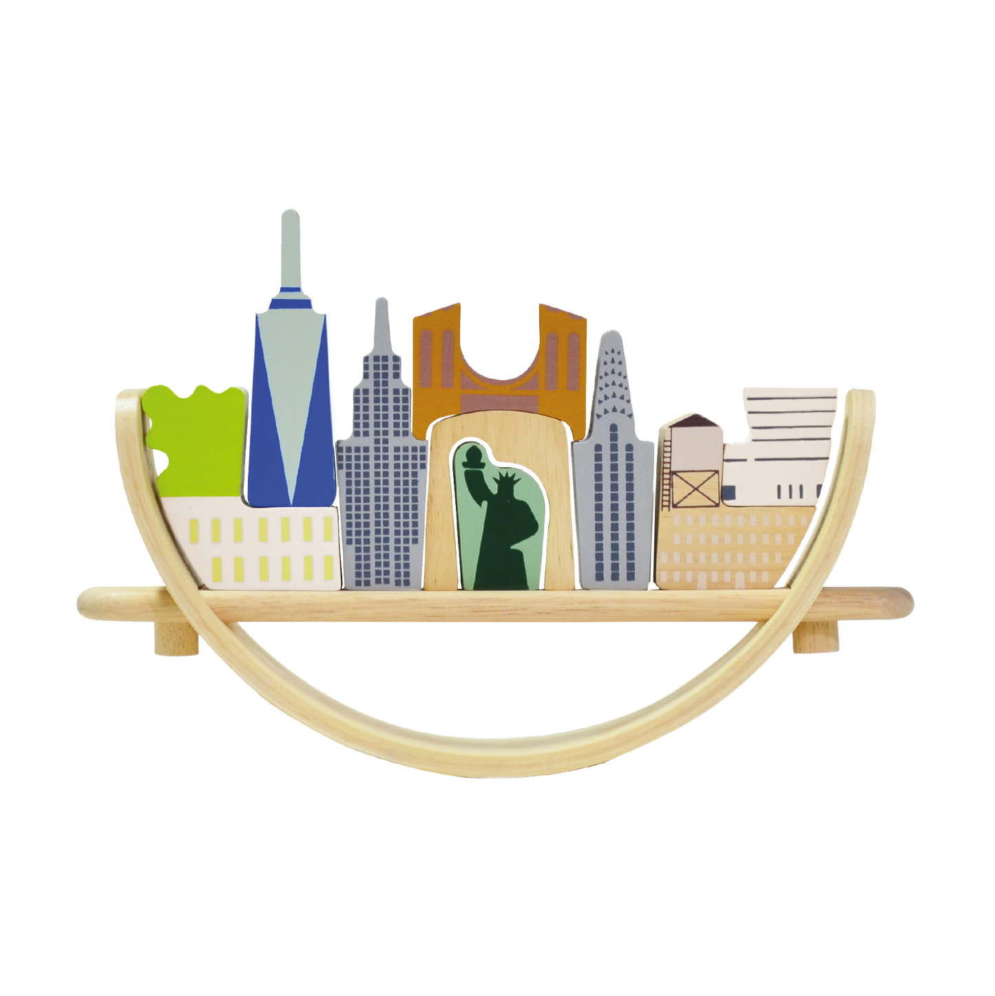 Toys representing New York cityscape arranged on a crescent-shaped base, intended for educational play to promote coordination and social skills.