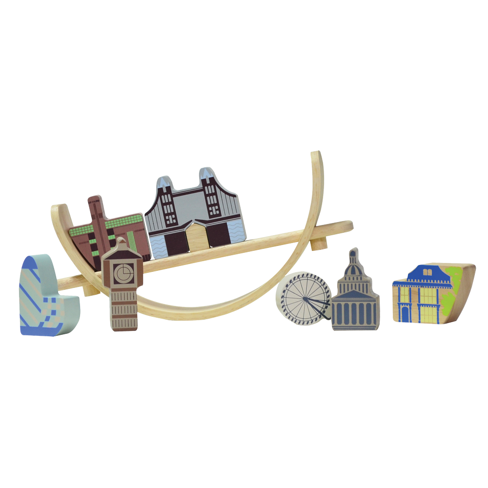 A London cityscape-themed balancing toy featuring famous landmarks. Children can arrange and balance the landmark pieces on a crescent-shaped base that rocks gently with each placement, enhancing coordination and concentration skills.
