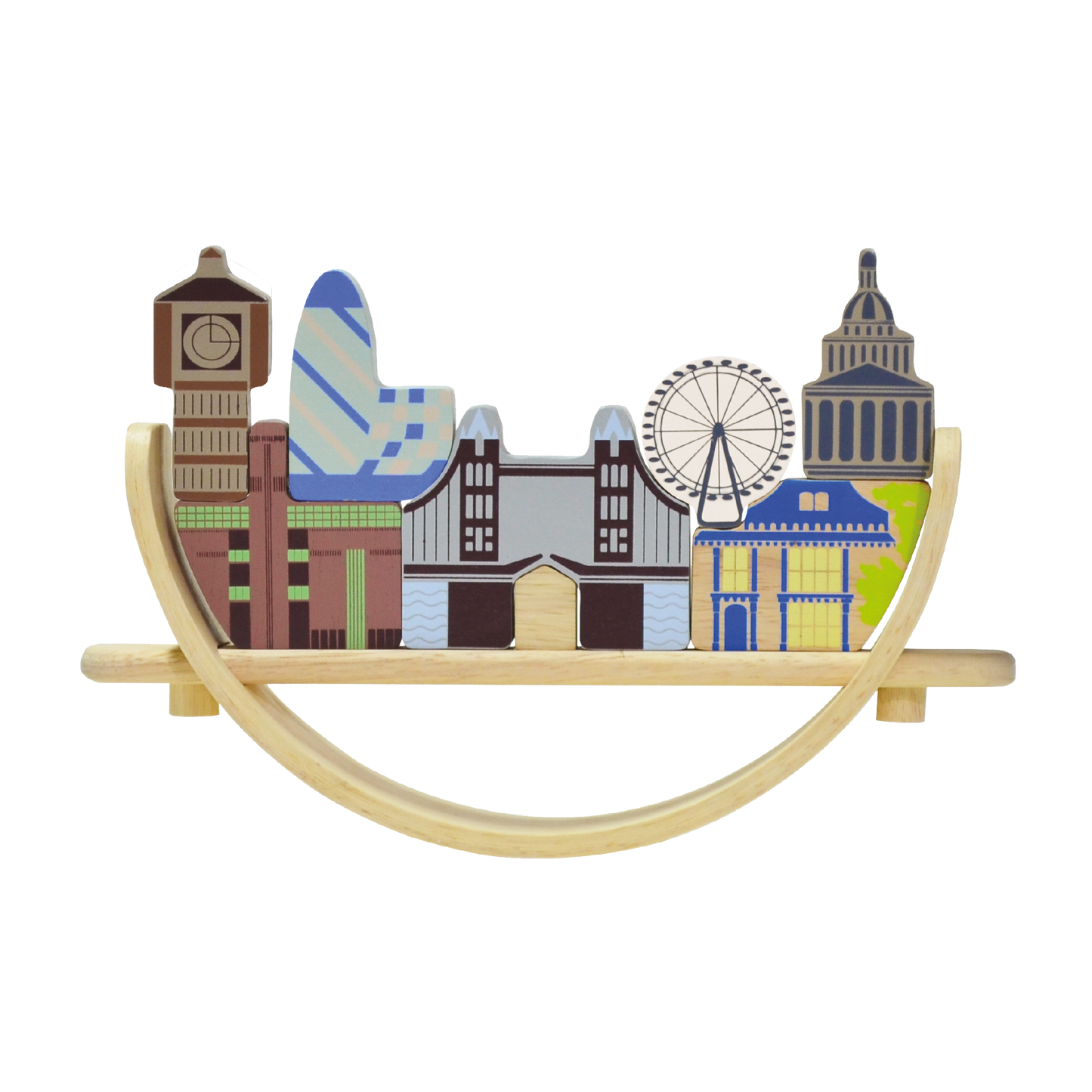 A London cityscape-themed balancing toy featuring famous landmarks. Children can arrange and balance the landmark pieces on a crescent-shaped base that rocks gently with each placement, enhancing coordination and concentration skills.