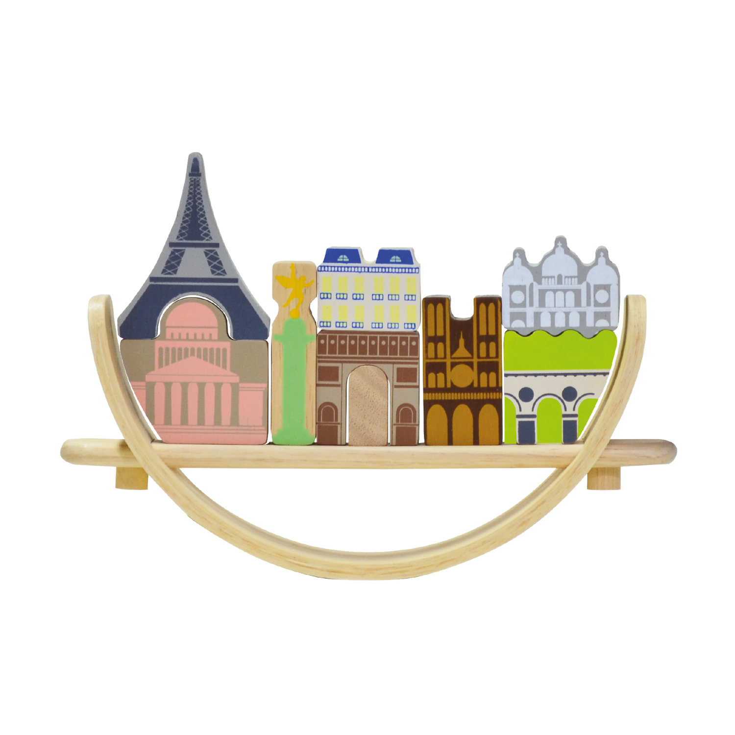 A wooden balancing toy set representing a Paris cityscape, with various colored pieces shaped as famous landmarks and a beige crescent base.