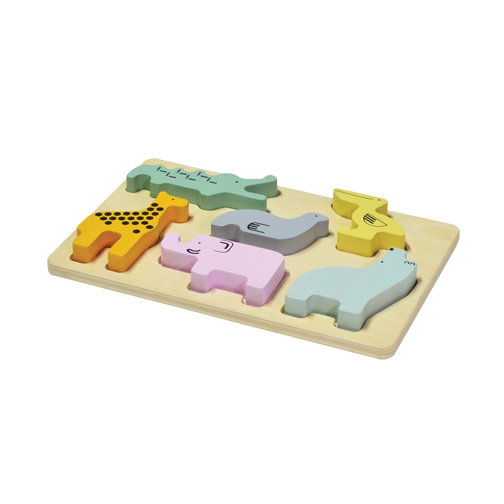 A colorful wooden zoo puzzle board with animal-shaped pieces. Children can sort shapes, stack and balance pieces, count, identify colors, and match animals to their corresponding slots, promoting concentration, fine motor skills, and an understanding of balance and gravity.