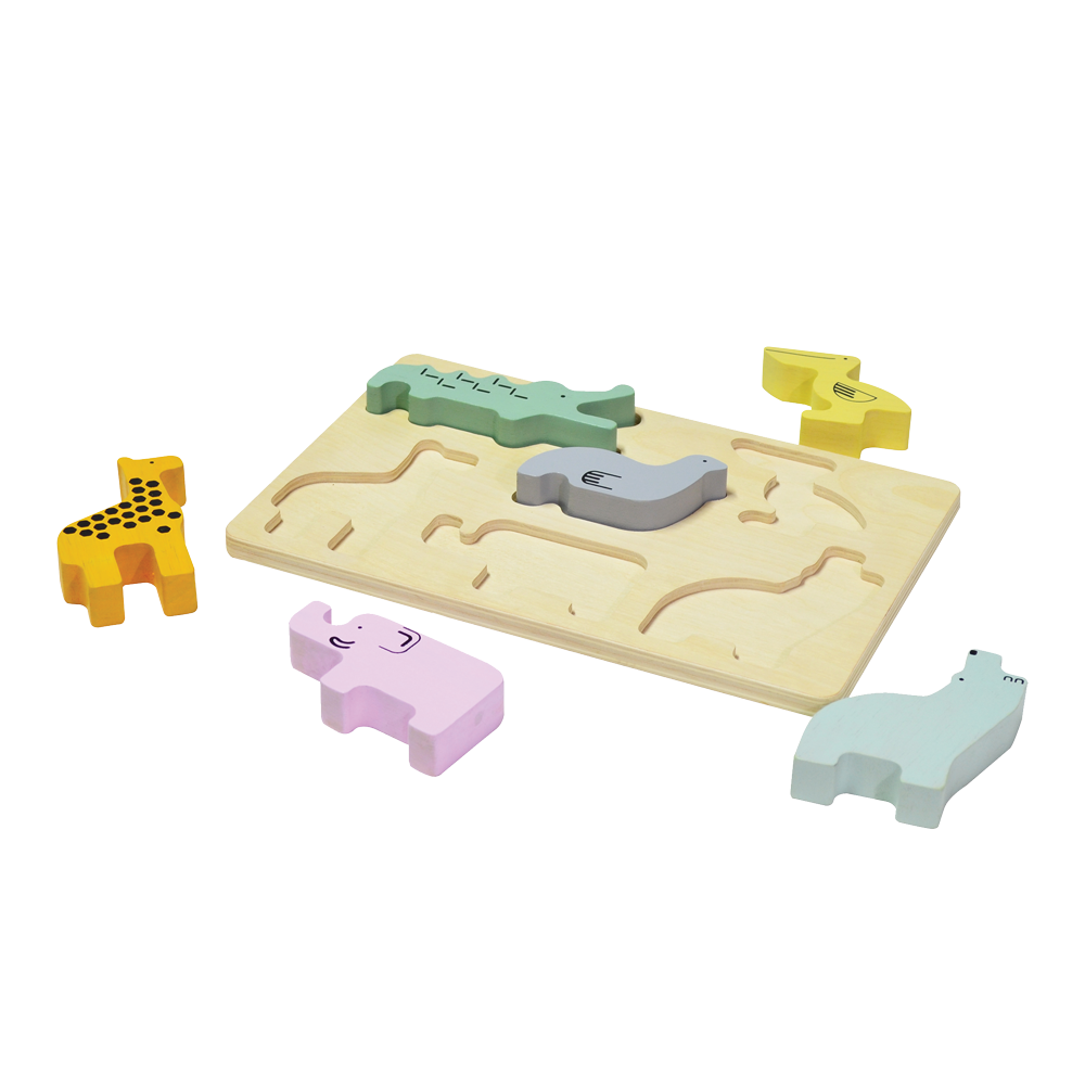 A colorful wooden zoo puzzle board with animal-shaped pieces. Children can sort shapes, stack and balance pieces, count, identify colors, and match animals to their corresponding slots, promoting concentration, fine motor skills, and an understanding of balance and gravity.