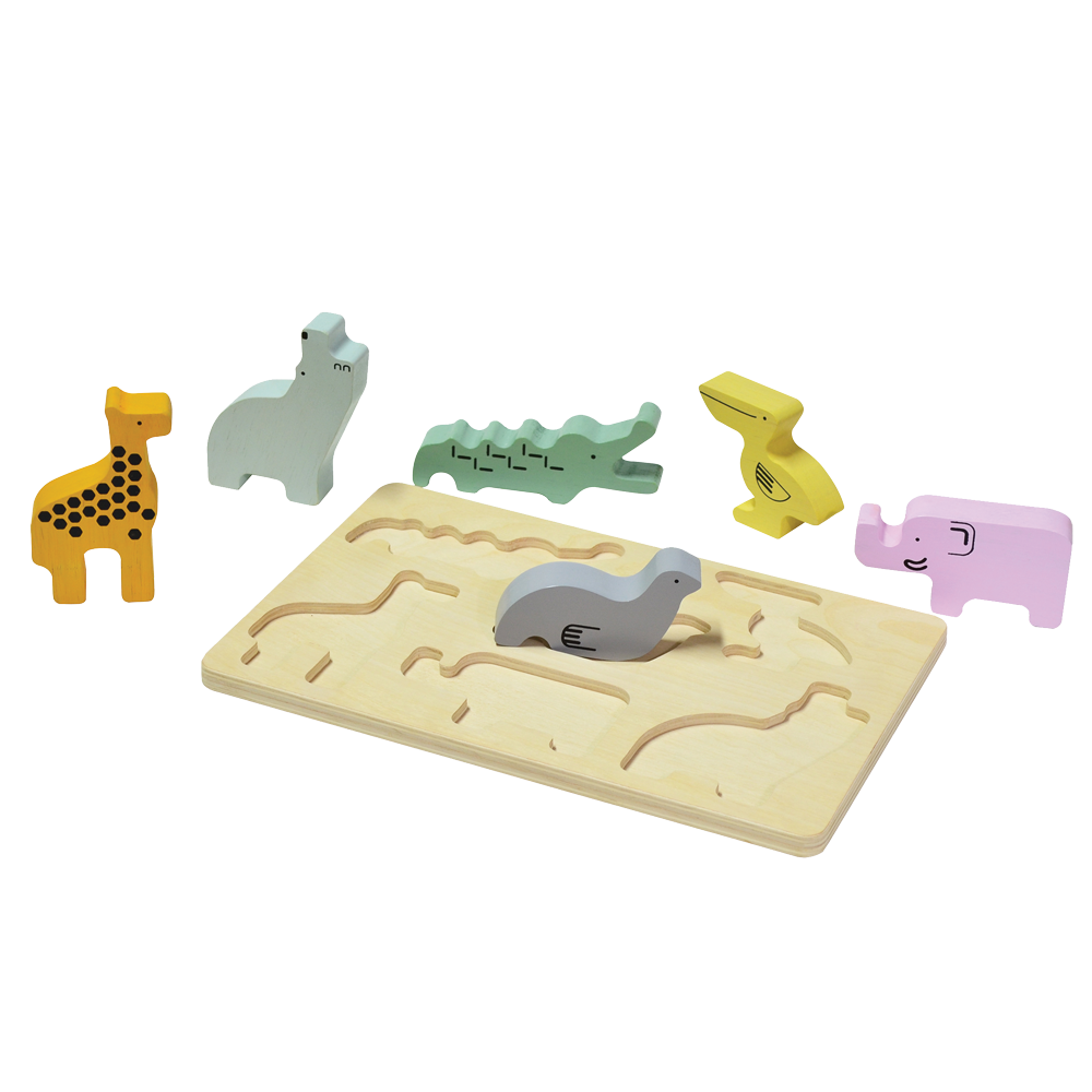 A colorful wooden zoo puzzle board with animal-shaped pieces. Children can sort shapes, stack and balance pieces, count, identify colors, and match animals to their corresponding slots, promoting concentration, fine motor skills, and an understanding of balance and gravity.