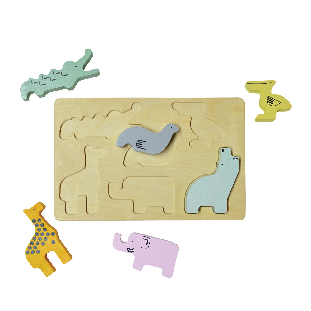 A colorful wooden zoo puzzle board with animal-shaped pieces. Children can sort shapes, stack and balance pieces, count, identify colors, and match animals to their corresponding slots, promoting concentration, fine motor skills, and an understanding of balance and gravity.