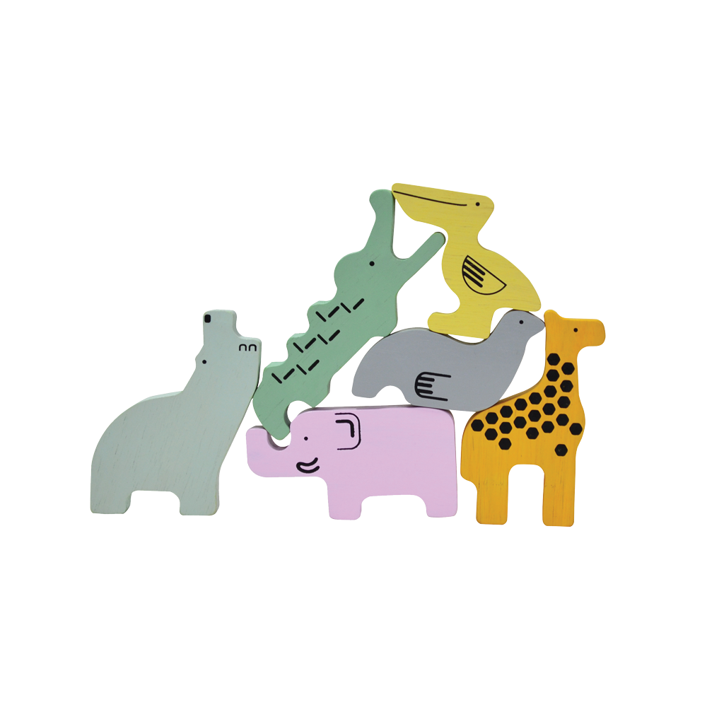 A colorful wooden zoo puzzle board with animal-shaped pieces. Children can sort shapes, stack and balance pieces, count, identify colors, and match animals to their corresponding slots, promoting concentration, fine motor skills, and an understanding of balance and gravity.