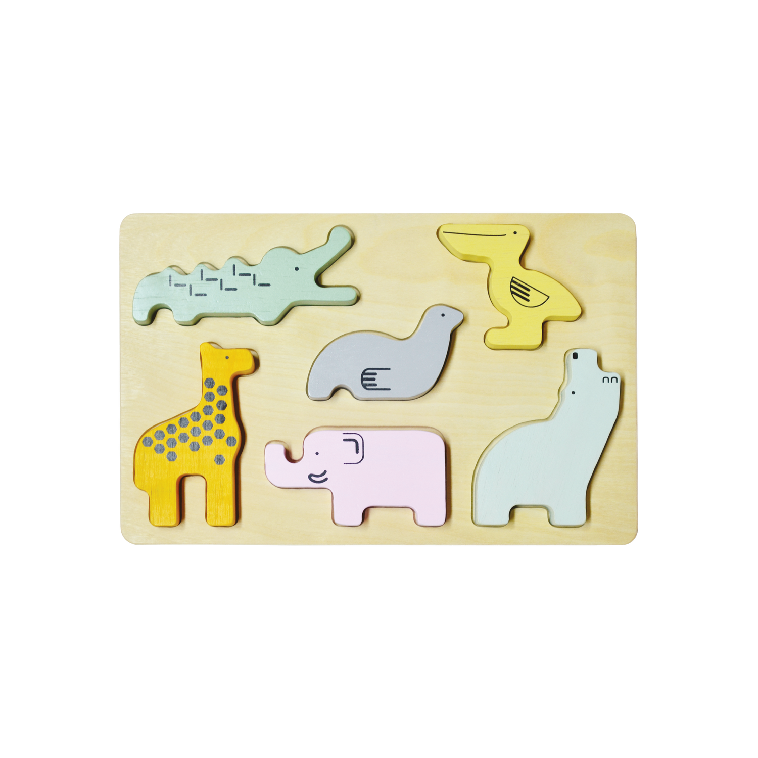 A colorful wooden zoo puzzle board with animal-shaped pieces. Children can sort shapes, stack and balance pieces, count, identify colors, and match animals to their corresponding slots, promoting concentration, fine motor skills, and an understanding of balance and gravity.