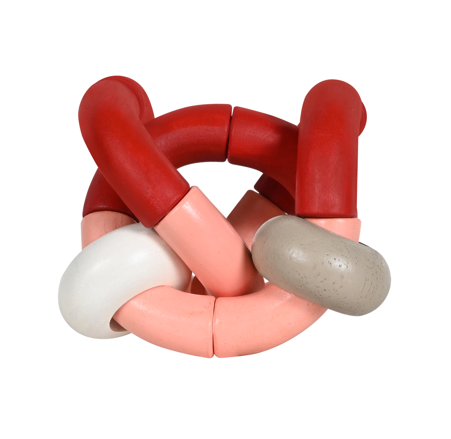 A colorful bendy rattle toy with red, pink, and white parts connected by knots.
