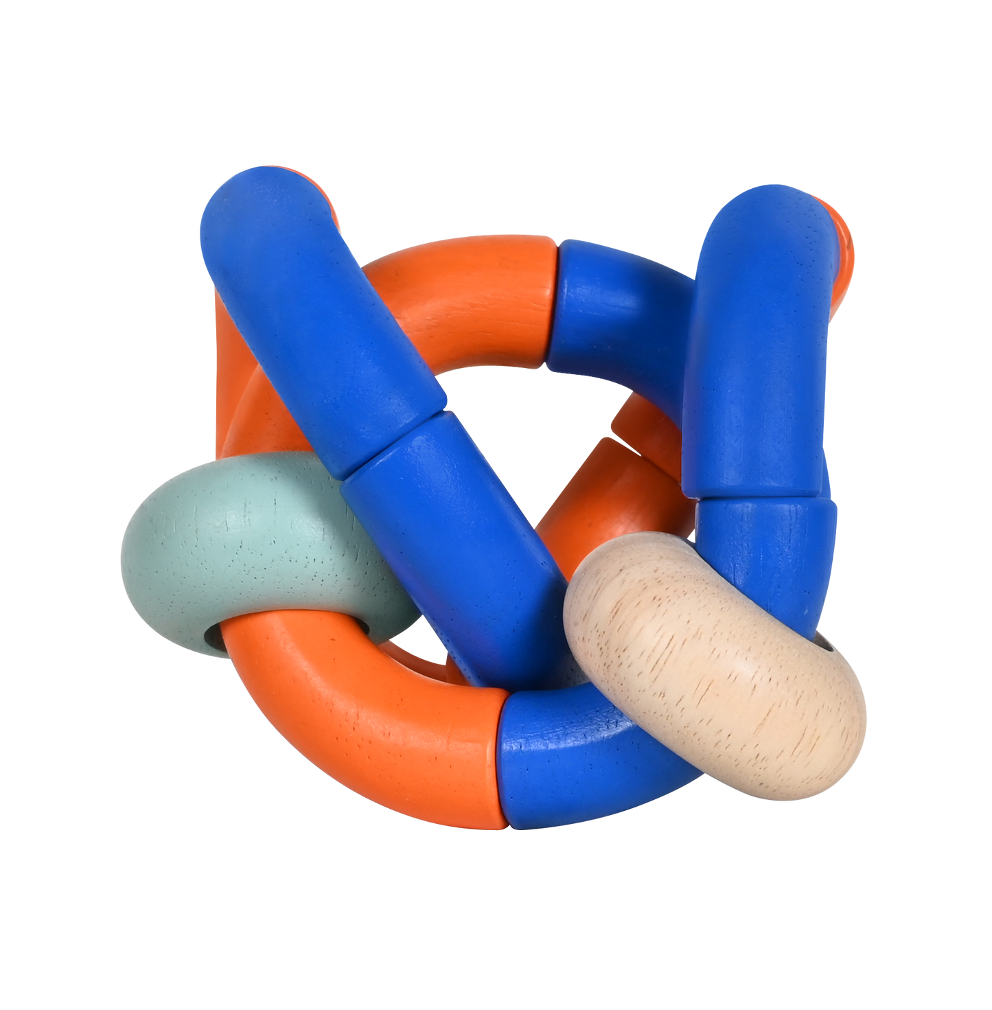 A colorful bendy rattle toy with orange, blue, and green parts connected by knots.