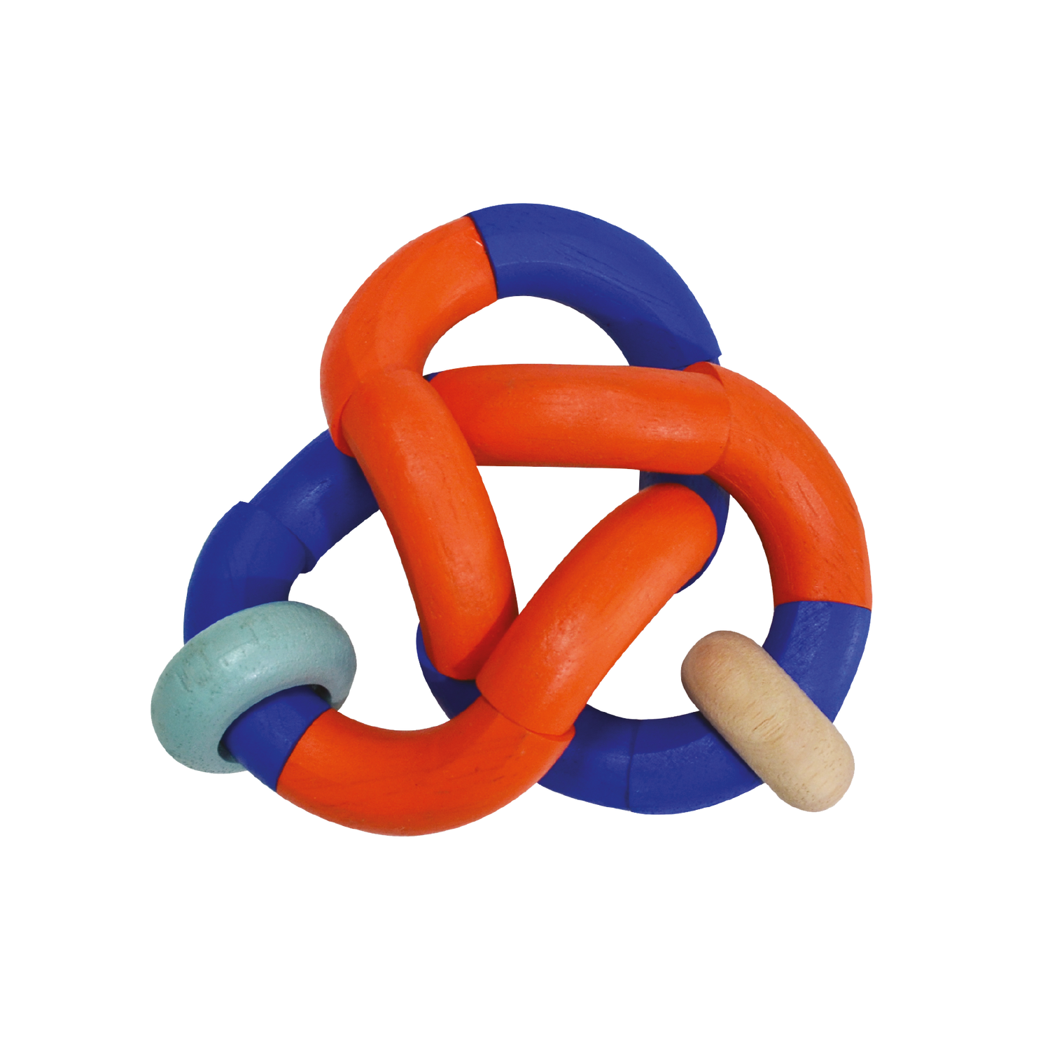 A colorful bendy rattle toy with orange, blue, and green parts connected by knots.
