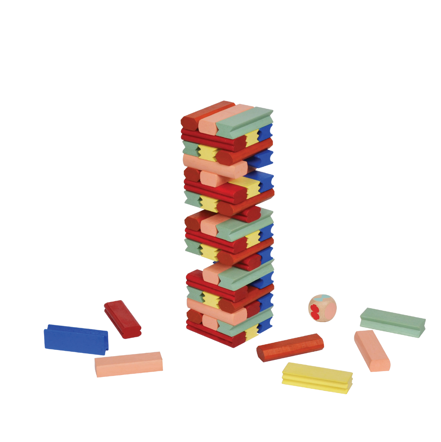 A variety of colorful wooden blocks arranged in a tumbling tower format, with some blocks stacked to form a tower and others spread out on the surface.