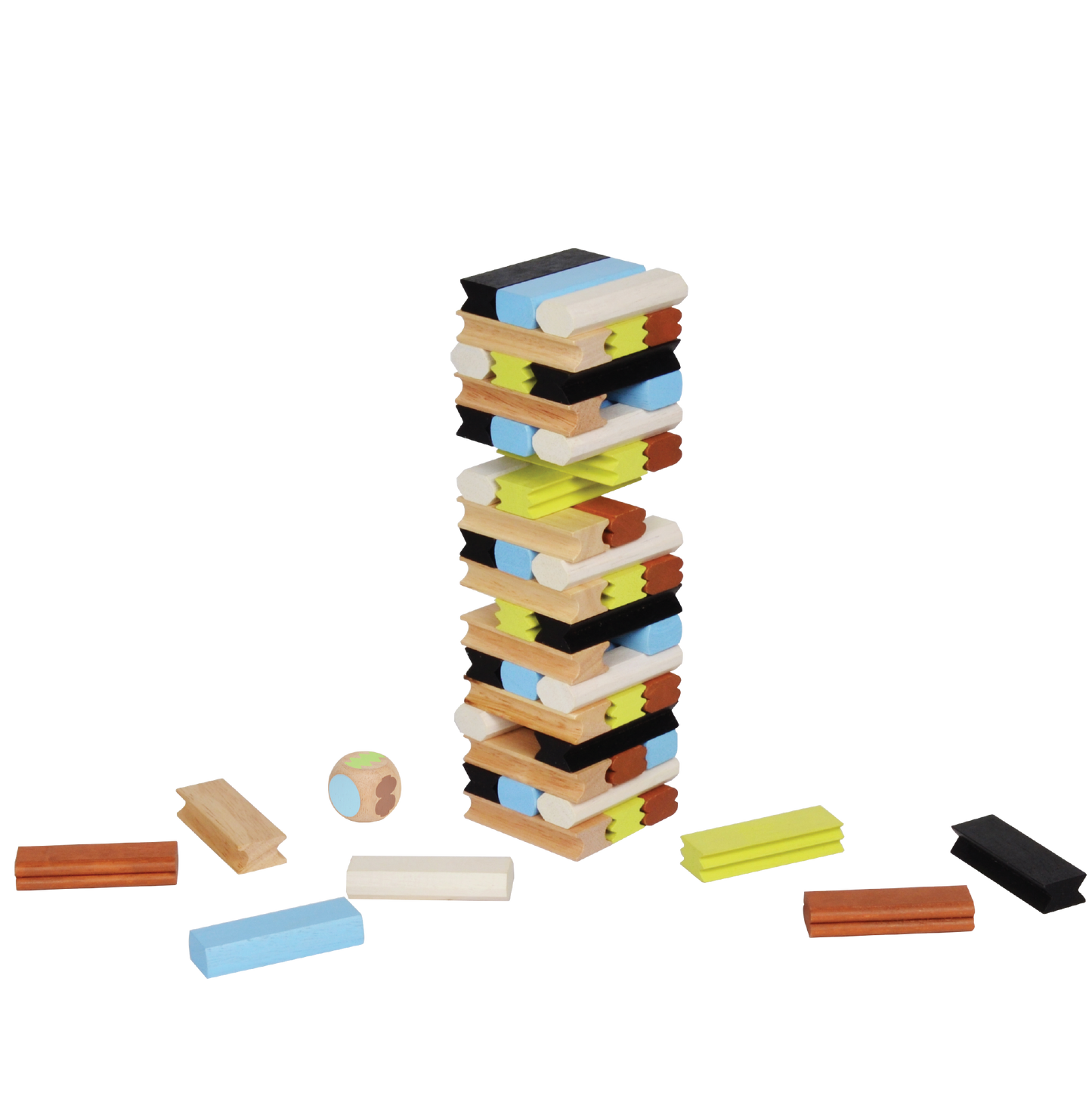 A variety of wooden blocks in different colors toppled over each other, with some positioned upright and a few lying on the ground. There is also a small wooden cube and a die visible in the image.
