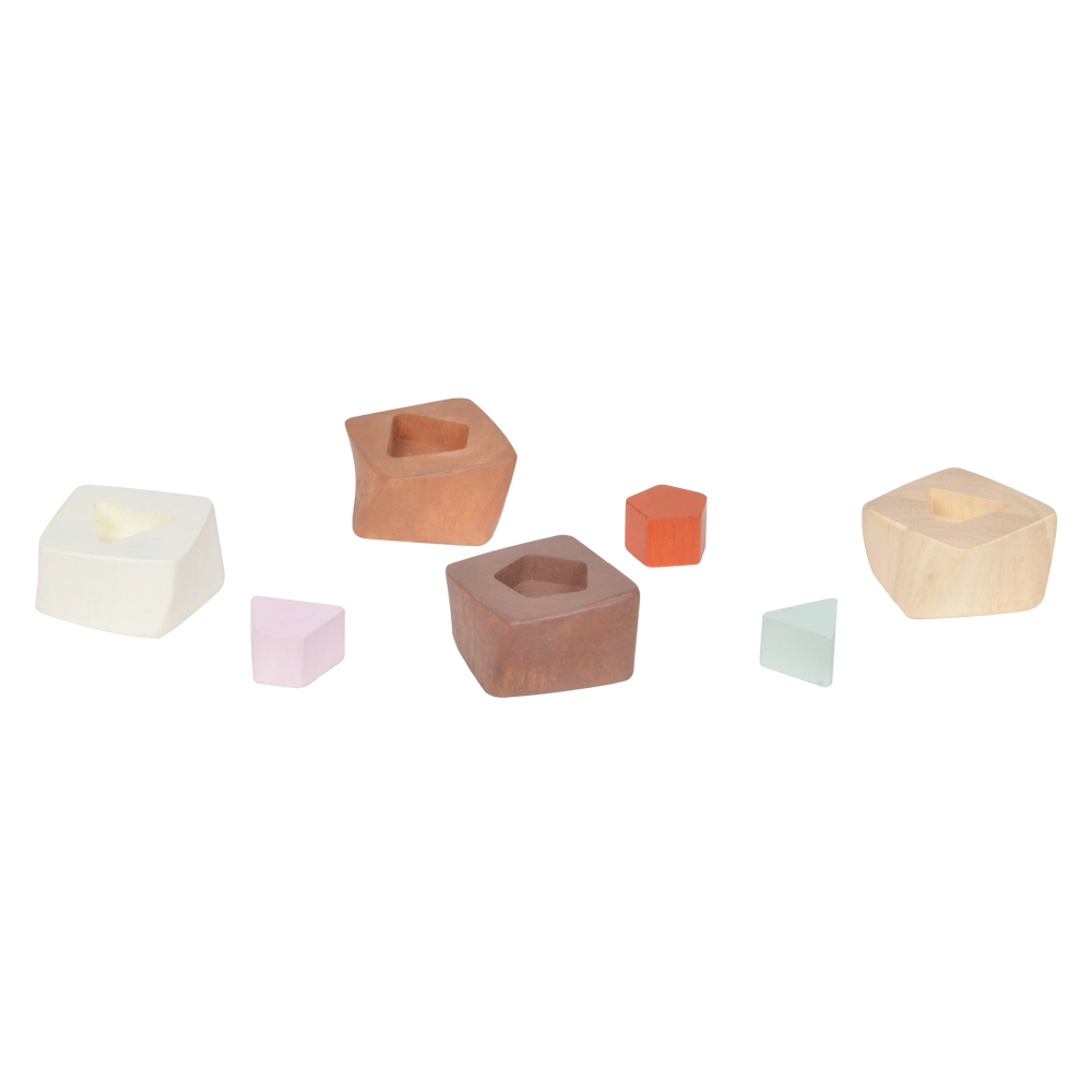 A twisted square column toy with geometric shapes in different colors.