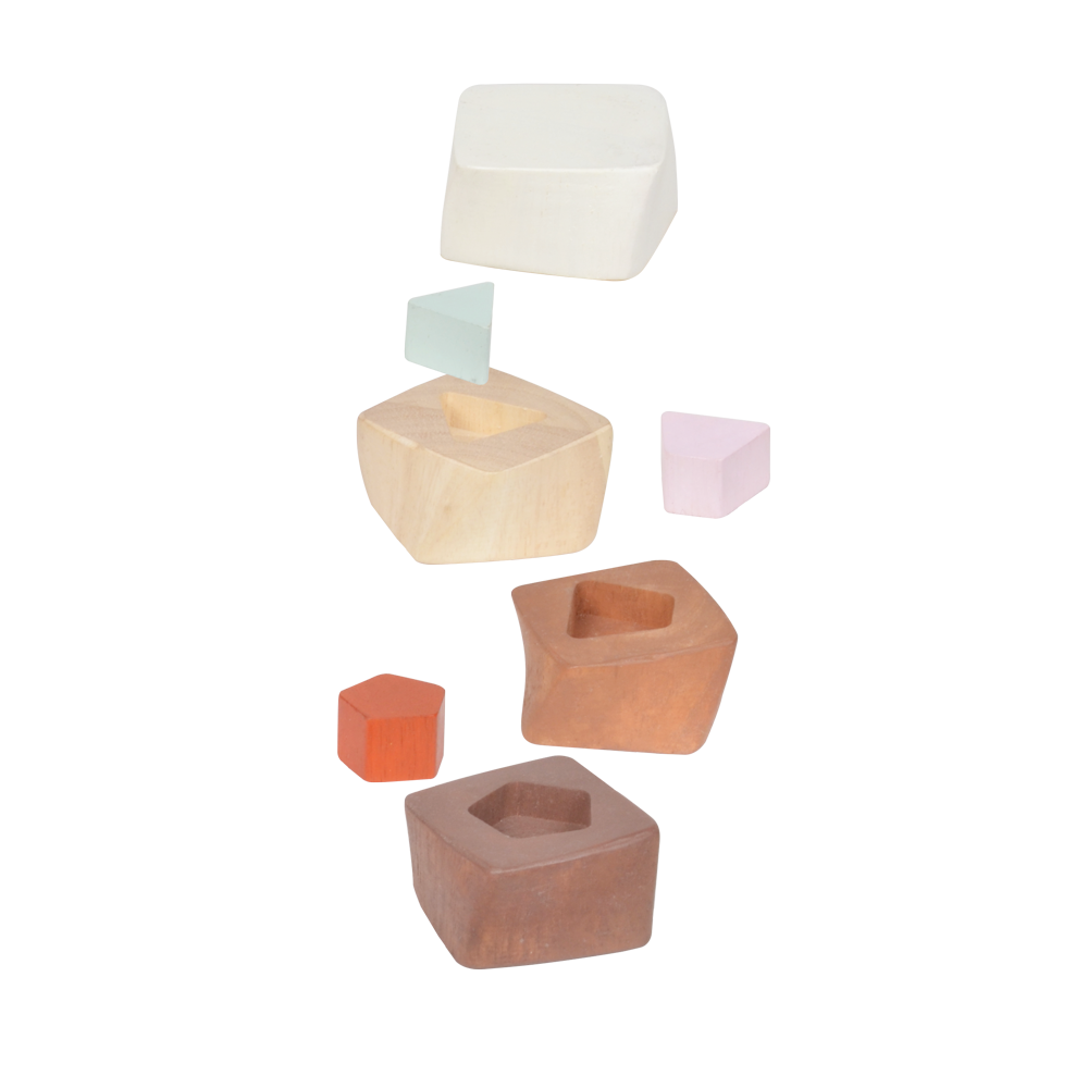 A twisted square column toy with geometric shapes in different colors.